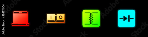 Set Laptop, Electric light switch, Electrical transformer and Diode in electronic circuit icon. Vector