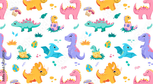 Fototapeta Naklejka Na Ścianę i Meble -  Hand drawn cute dinosaurs background with dinos, Roar signs, footprints, leaves, eggs, baby dinos for clothes, shirt, fabric. Kids violet dino vector illustration