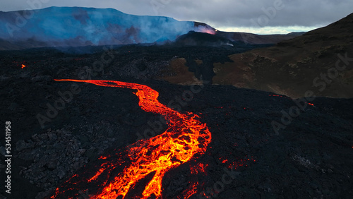 Close-up of volcano, dramatic volcanic eruption in Reykjanes peninsula Iceland