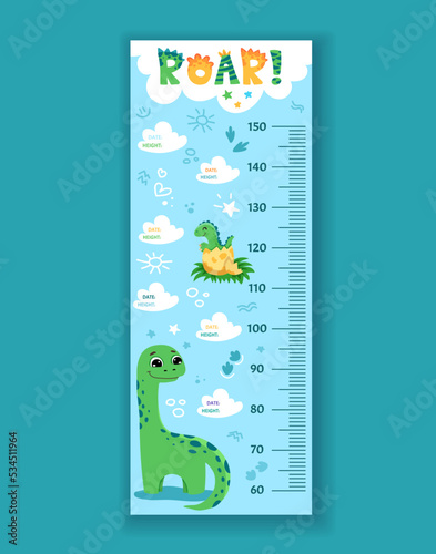 Kids height chart with different dinosaurs. Meter wall or Growth ruler with space for notes date and height information. Vector cartoon children illustration