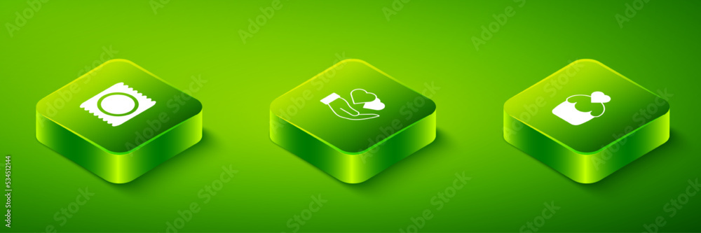 Set Isometric Heart in hand, Wedding cake and Condom package icon. Vector Set Isometric Heart in hand, Wedding cake and Condom package icon. Vector