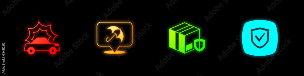 Set Car accident, Umbrella, Delivery security with shield and Shield icon. Vector Set Car accident, Umbrella, Delivery security with shield and Shield icon. Vector
