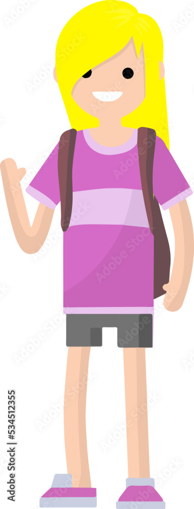 Young girl in pink t-shirt, shorts and a backpack waving. Woman in summer sportswear. Student and traveler. Cartoon flat illustration Young girl in pink t-shirt, shorts and a backpack waving. Woman in summer sportswear. Student and traveler. Cartoon flat illustration