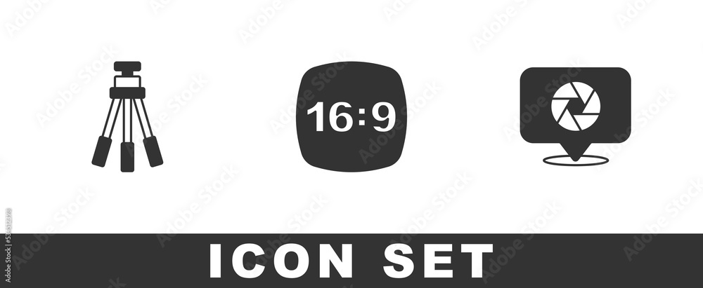 Set Tripod, Photo frame 16 and Camera shutter icon. Vector Set Tripod, Photo frame 16 and Camera shutter icon. Vector