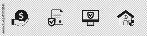 Set Money with shield, Contract, Insurance online and House icon. Vector