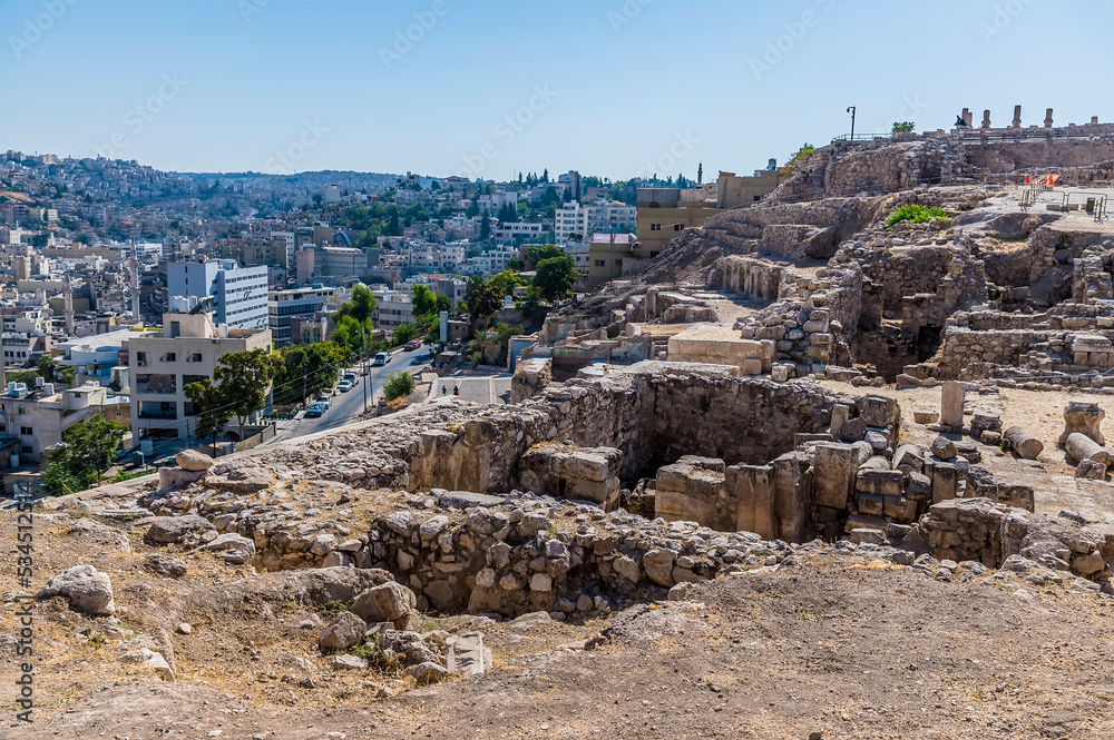 A view along excavations on the southern edge of the citadel in Amman, Jordan in summertime