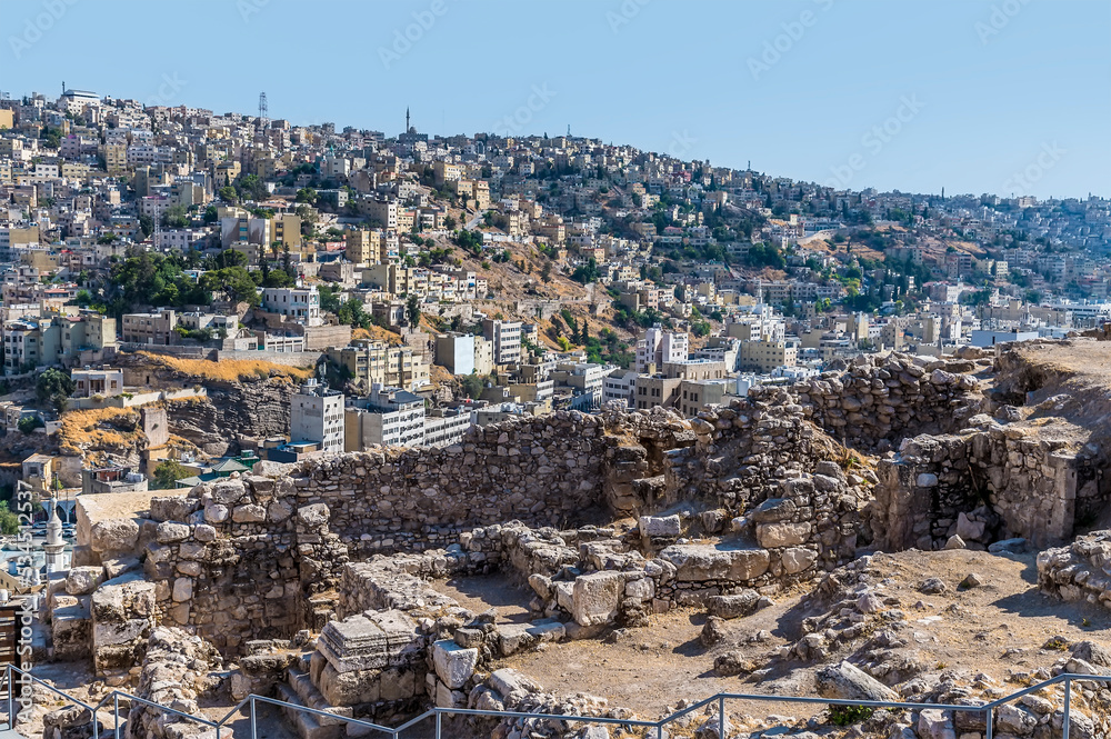 A close up view of excavations on the southern edge of the citadel in Amman, Jordan in summertime