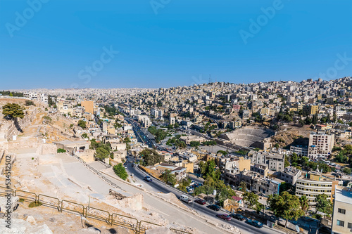 A view from the Temple of Hercules down the citadel towards the Roman Ampitheatre in Amman, Jordan in summertime