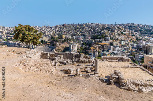 A view over excavations on the southern edge of the citadel in Amman, Jordan in summertime