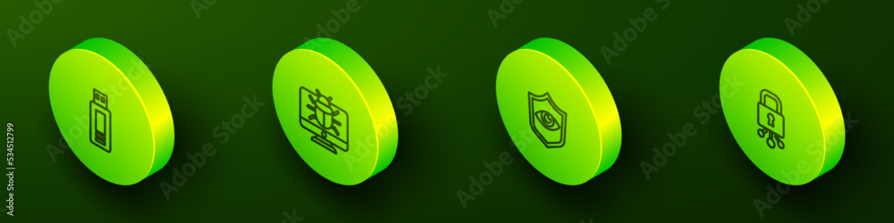 Set Isometric line USB flash drive, System bug on monitor, Shield and eye and Cyber security icon. Vector