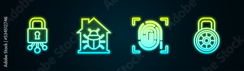 Set line Cyber security, House system bug, Fingerprint and Safe combination lock. Glowing neon icon. Vector
