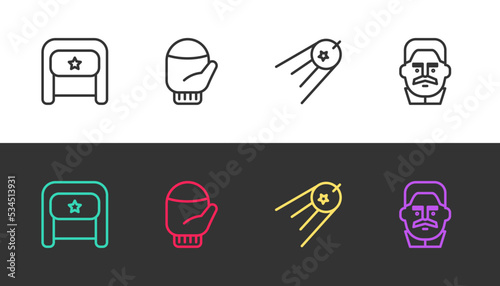 Set line Ushanka, Christmas mitten, Satellite and Joseph Stalin on black and white. Vector