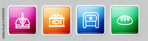 Set line King crown, Tin can with caviar, Ushanka and Bread loaf. Colorful square button. Vector