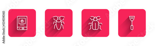 Set line Book about insect, Cockroach, Chafer beetle and Fly swatter with long shadow. Red square button. Vector