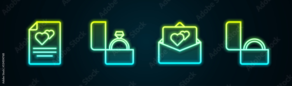 Set line Greeting card, Diamond engagement ring, and . Glowing neon icon. Vector Set line Greeting card, Diamond engagement ring, and . Glowing neon icon. Vector