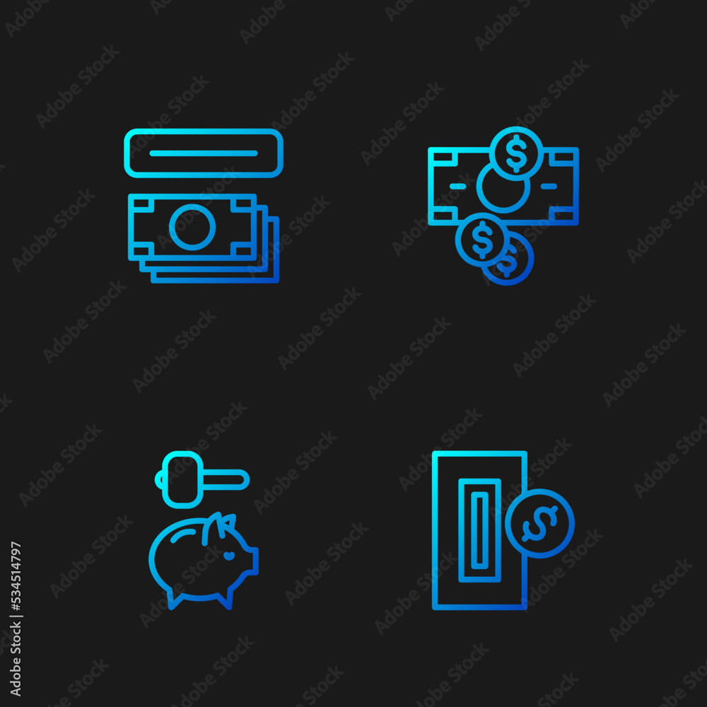 Set line Inserting coin, Piggy bank and hammer, ATM money and Stacks paper cash. Gradient color icons. Vector Set line Inserting coin, Piggy bank and hammer, ATM money and Stacks paper cash. Gradient color icons. Vector