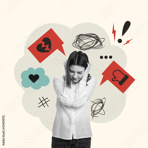 Contemporary art collage. Conceptual image with young woman covering ears in emotional stress. Social media hate