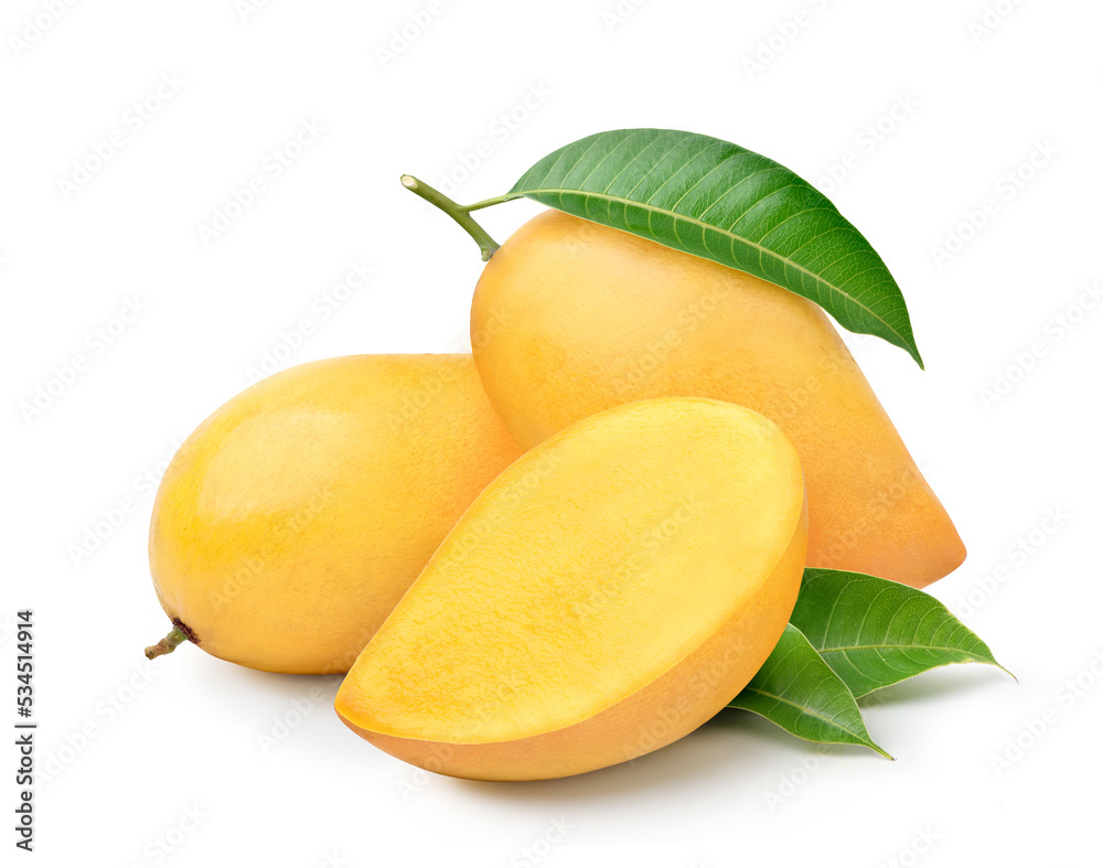Ripe yellow Mango with half cut isolated on white background.