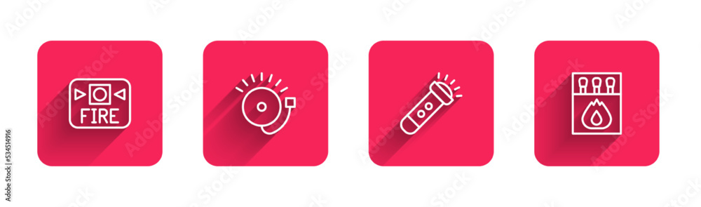 Set line Fire alarm system, Ringing bell, Flashlight and Matchbox and matches with long shadow. Red square button. Vector Set line Fire alarm system, Ringing bell, Flashlight and Matchbox and matches with long shadow. Red square button. Vector