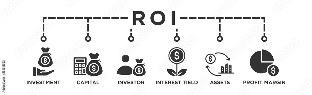 ROI web banner icon vector illustration concept for return on investment with icon of investment, capital, investor, interest tield, asset and profit margin ROI web banner icon vector illustration concept for return on investment with icon of investment, capital, investor, interest tield, asset and profit margin