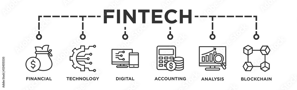 Fintech banner web icon vector illustration concept with icon of financial, technology, digital, accounting, analysis and blockchain Fintech banner web icon vector illustration concept with icon of financial, technology, digital, accounting, analysis and blockchain