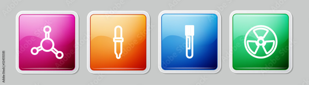 Set line Molecule, Pipette, Test tube and flask and Radioactive. Colorful square button. Vector Set line Molecule, Pipette, Test tube and flask and Radioactive. Colorful square button. Vector