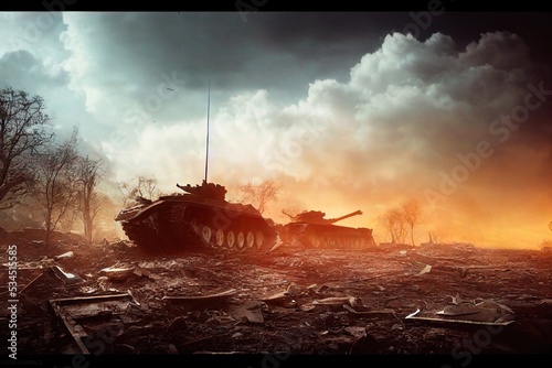 Battlefield with broken tanks from World War II. Destroyed equipment, dust and piles of debris. 3D rendering