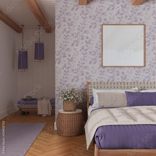 Farmhouse bedroom in white and violet tones with frame mockup. Wooden furniture  parquet and wallpaper. Boho interior design