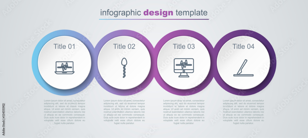 Set line Laptop with cardiogram, Sperm, Monitor and Medical surgery scalpel. Business infographic template. Vector