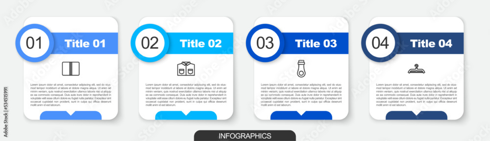 Set line Textile fabric roll, Shirt, Zipper and Hanger wardrobe. Business infographic template. Vector Set line Textile fabric roll, Shirt, Zipper and Hanger wardrobe. Business infographic template. Vector