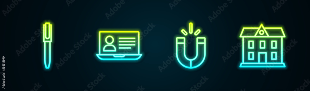 Set line Pen, Online class, Magnet and School building. Glowing neon icon. Vector Set line Pen, Online class, Magnet and School building. Glowing neon icon. Vector