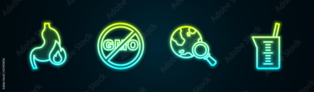 Set line Stomach heartburn, No GMO, Magnifying glass with globe and Laboratory glassware or beaker. Glowing neon icon. Vector Set line Stomach heartburn, No GMO, Magnifying glass with globe and Laboratory glassware or beaker. Glowing neon icon. Vector