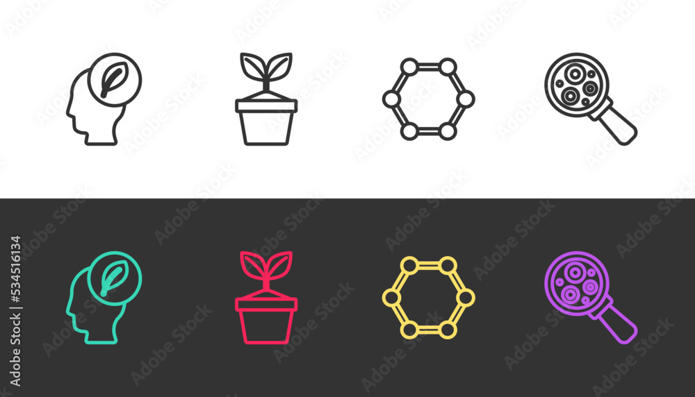Set line Human head with leaf inside, Plant pot, Molecule and Microorganisms under magnifier on black and white. Vector
