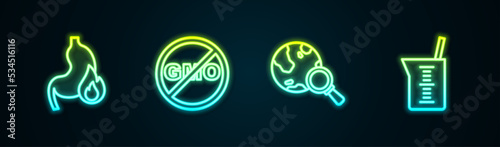 Set line Stomach heartburn, No GMO, Magnifying glass with globe and Laboratory glassware or beaker. Glowing neon icon. Vector