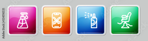 Set line Cream cosmetic tube, Barber online service or platform, Spray can hairspray and Barbershop chair. Colorful square button. Vector