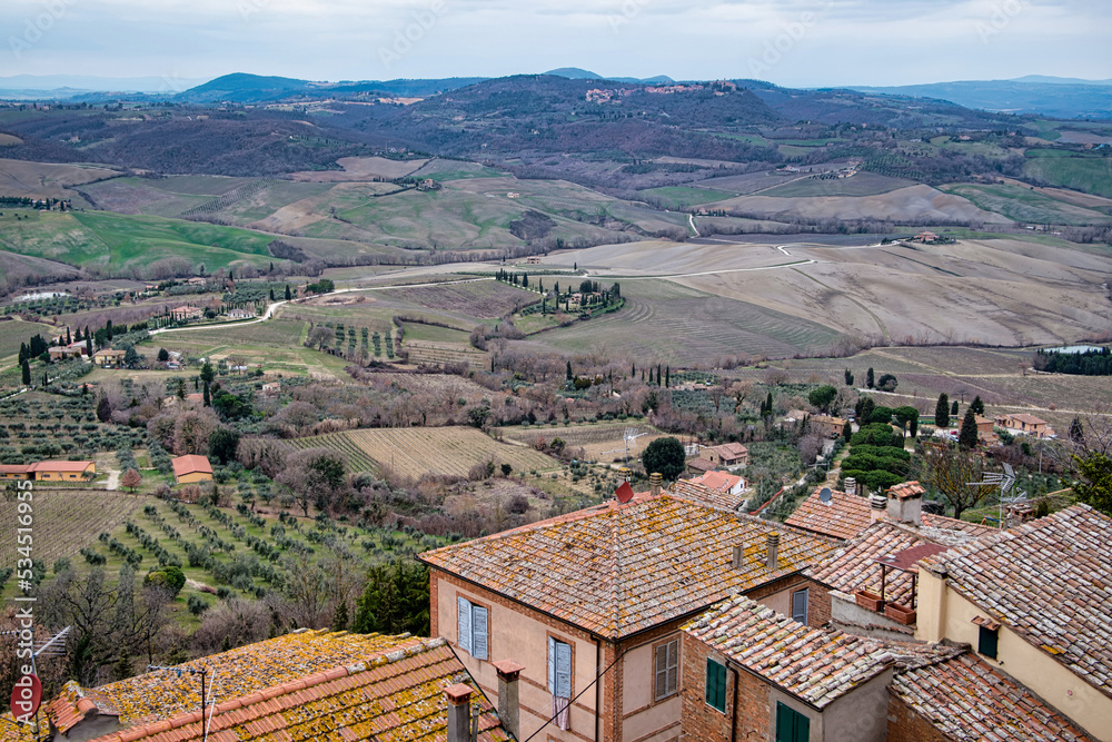 View from the city center towards the countryside in Montepulciano Siena Tuscany Italy