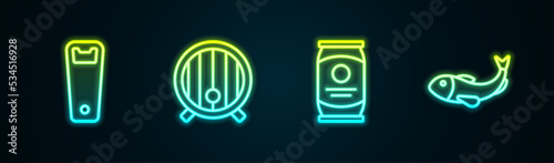 Set line Bottle opener, Wooden barrel, Beer can and Dried fish. Glowing neon icon. Vector