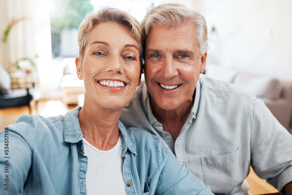 Senior couple selfie portrait in home lounge for love, care and relaxing day together. Faces of smile man, happy woman and retirement people enjoying video call, quality time and close marriage bond Senior couple selfie portrait in home lounge for love, care and relaxing day together. Faces of smile man, happy woman and retirement people enjoying video call, quality time and close marriage bond