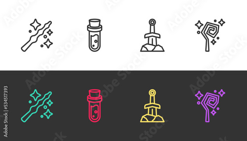Set line Magic wand, Bottle with potion, Sword in the stone and staff on black and white. Vector