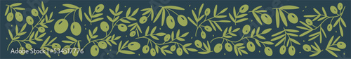 Vector horizontal pattern with olive tree branches, hand-drawn