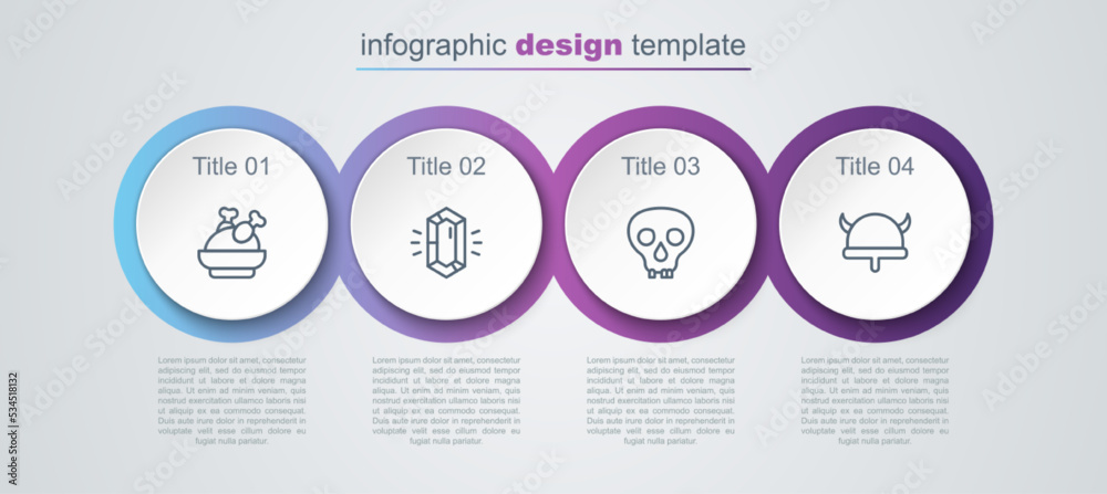 Set line Roasted turkey or chicken, Gem stone, Skull and Viking in horned helmet. Business infographic template. Vector