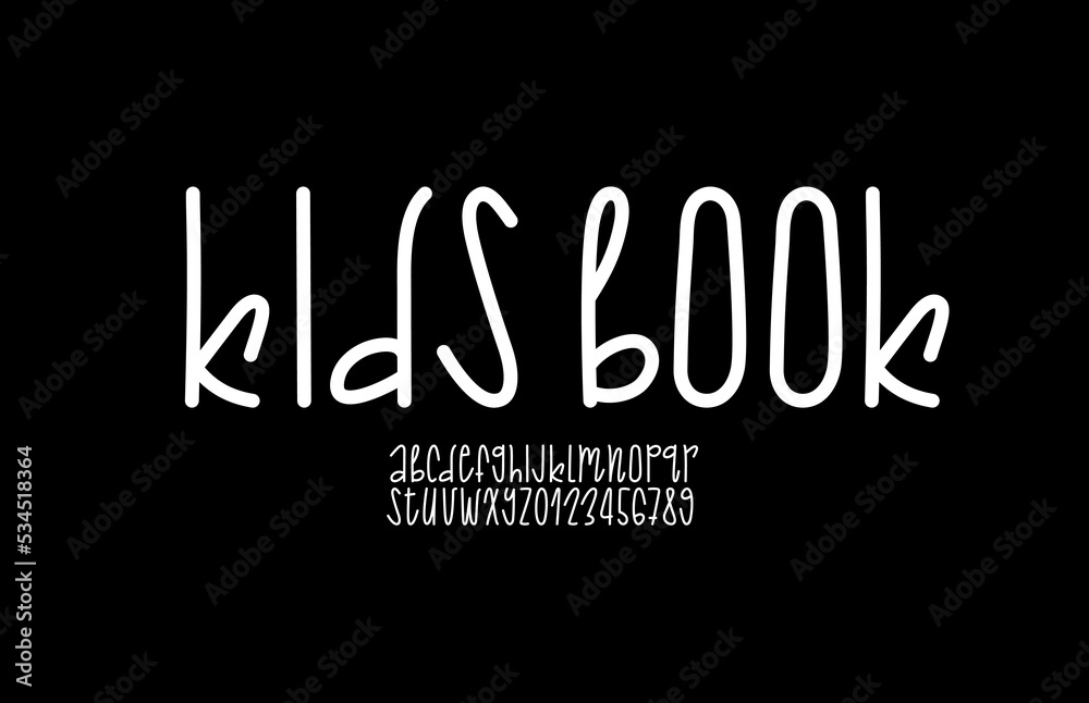 Hand drawn font, alphabet in the cartoon style, rounded thin letters and numbers in doodle style, vector illustration 10EPS