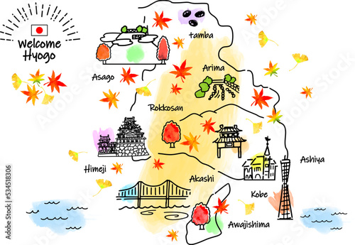 秋の兵庫県の観光地のシンプル線画イラストマップ