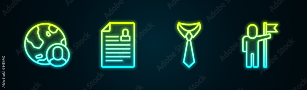 Set line Globe and people, Resume, Tie and Man holding flag. Glowing neon icon. Vector Set line Globe and people, Resume, Tie and Man holding flag. Glowing neon icon. Vector