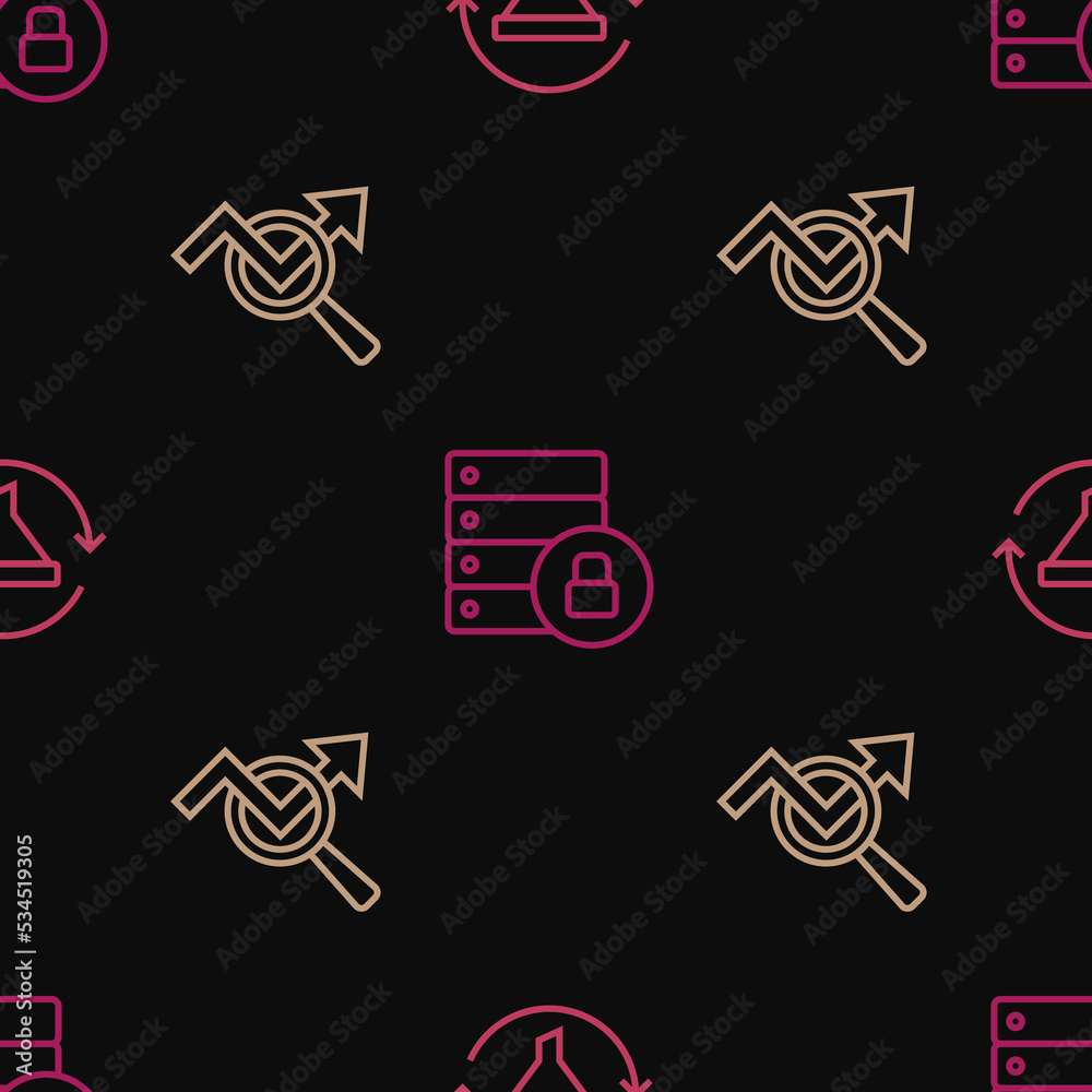 Set line Sales funnel with chart, Search data analysis and Server security padlock on seamless pattern. Vector Set line Sales funnel with chart, Search data analysis and Server security padlock on seamless pattern. Vector