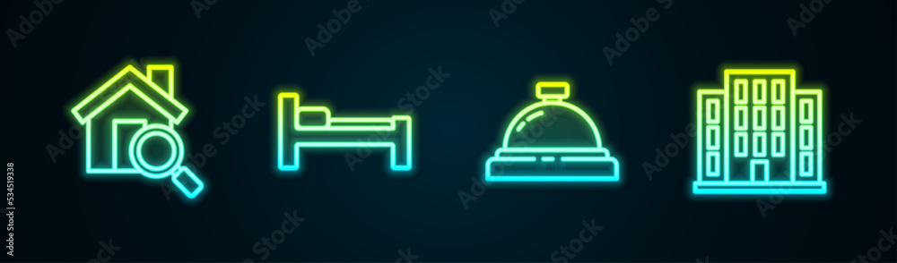 Set line Search house, Bed, Hotel service bell and House. Glowing neon icon. Vector Set line Search house, Bed, Hotel service bell and House. Glowing neon icon. Vector