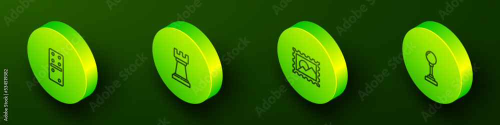 Set Isometric line Domino, Business strategy, Postal stamp and Joystick for arcade machine icon. Vector Set Isometric line Domino, Business strategy, Postal stamp and Joystick for arcade machine icon. Vector