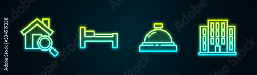 Set line Search house, Bed, Hotel service bell and House. Glowing neon icon. Vector