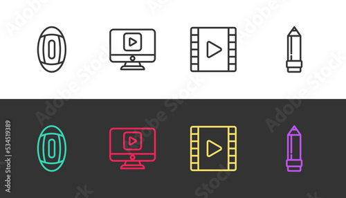 Set line American Football ball, Online play video, Play Video and Pencil with eraser on black and white. Vector