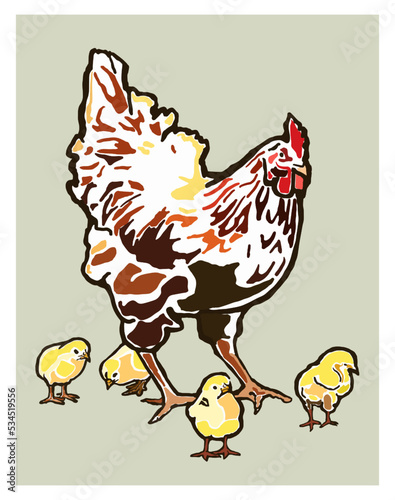 Isolated chicken and chicks poster. Vector illustration.